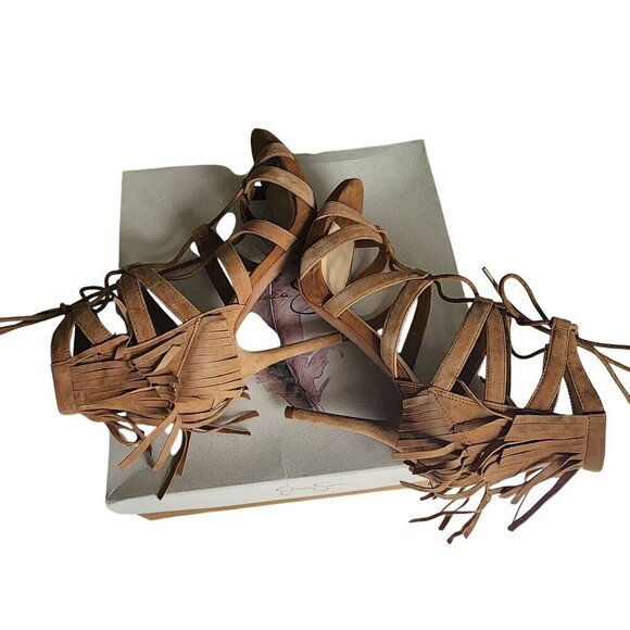 Jessica Simpson JS-Bregan Dakota Tan Lux Kid Suede Fringe Lace-Up Heels Size 8.5 - Picture 9 of 14